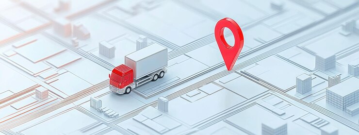 Un camión rojo está conduciendo por una calle con una ubicación de punto rojo en el mapa Concepto de transporte