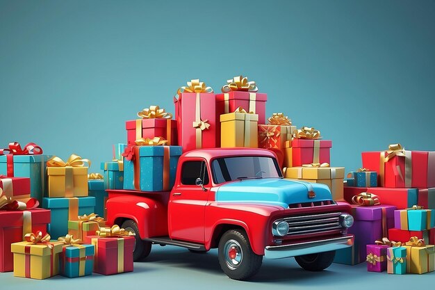 Camion rojo con montón de cajas de regalos coloridas con cinta dorada concepto de orden de entrega y paquetes de Navidad y cumpleaños renderización 3d