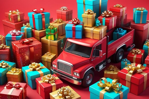 Foto camion rojo con montón de cajas de regalos coloridas con cinta dorada concepto de orden de entrega y paquetes de navidad y cumpleaños renderización 3d