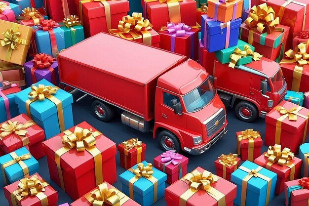 Camion rojo con montón de cajas de regalos coloridas con cinta dorada concepto de orden de entrega y paquetes de Navidad y cumpleaños renderización 3d