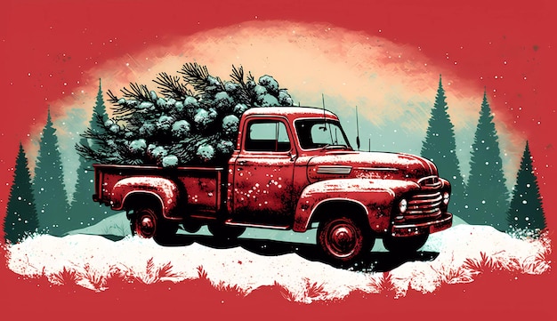 Un camión rojo vintage con un árbol de navidad en la parte trasera