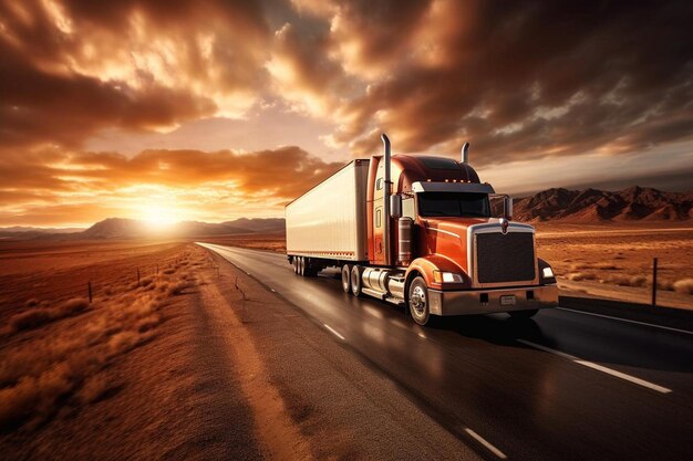 Foto un camión semi rojo conduce por un camino con una puesta de sol en el fondo