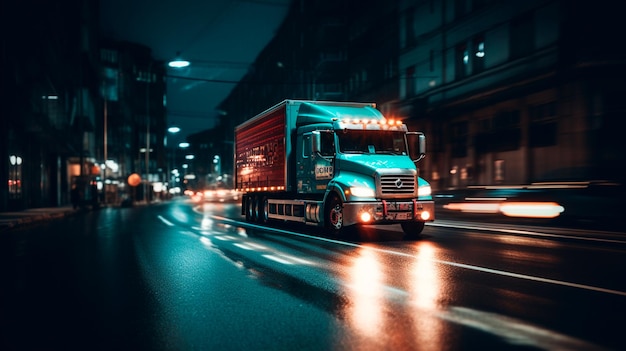 Un camión a toda velocidad en la ciudad por la noche con luces traseras que dan una impresión de velocidad IA generativa