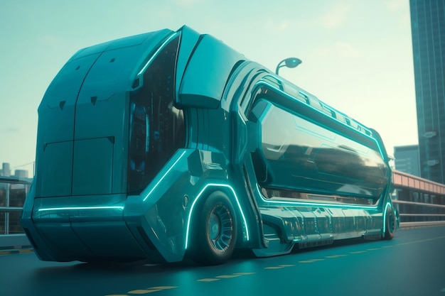 Camión de transporte futurista en paseo en carretera generativa ai