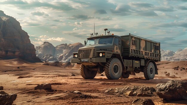 Camion utilitario militar en un paisaje desértico resistente y poderoso