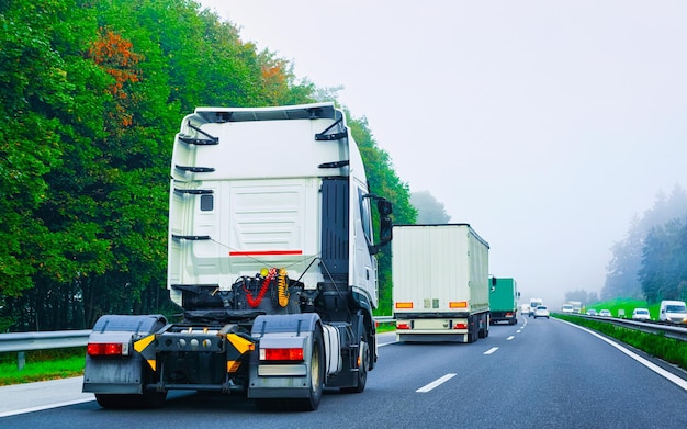 Camión vacío en la carretera de verano de Polonia. Camionero en carretera. Camión haciendo trabajo de logística. Semirremolque con conductor. Unidad de coche de carga grande. Entrega de carga. Industria del transporte de exportación. Contenedor con mercancías