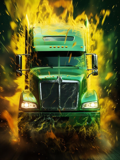 Foto un camión verde con llamas saliendo de él