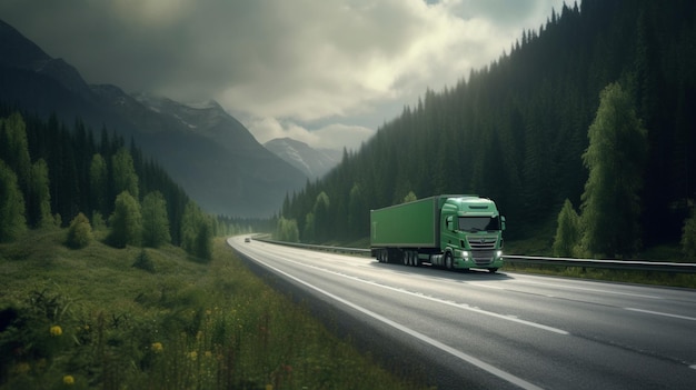 Foto un camión verde con un remolque blanco en la carretera ia generativa