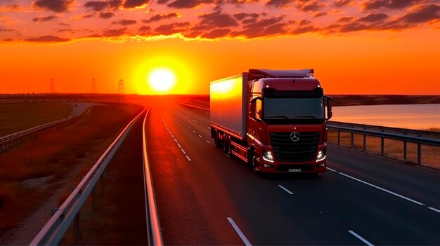 El camión en la vía de la autopista al amanecer o al atardecer el coche hace el transporte internacional de mercancías IA generativa