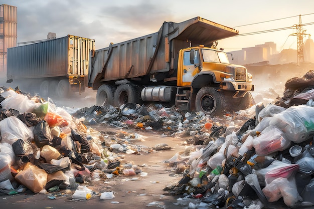 Un camión volquete llevó la basura doméstica al vertedero de la ciudad El problema de la contaminación ambiental