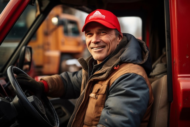 Un camionero sonriente conduciendo un camión pesado y mirando a la cámara con alegría