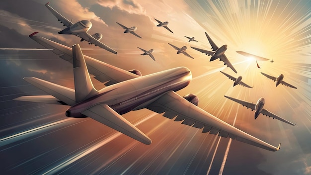 Los camiones de avión están volando hacia el destino con la renderización 3D más brillante e ilustración
