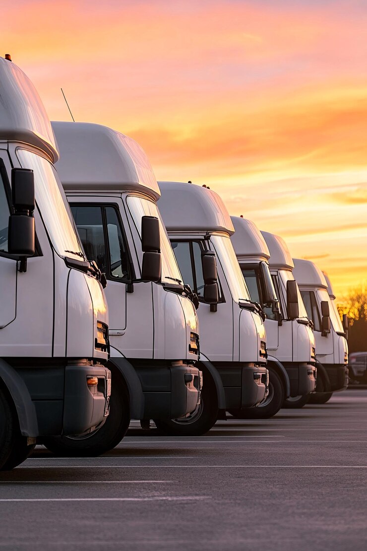 Camiones blancos estacionados en fila al atardecer en un centro de transporte