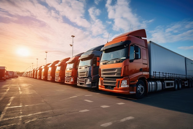 Camiones estacionados alineados en la industria del transporte de mercancías por carretera logística y transporte