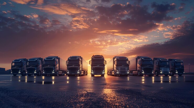 Camiones estacionados en una línea en la carretera de asfalto con fondo panorámico de puesta de sol
