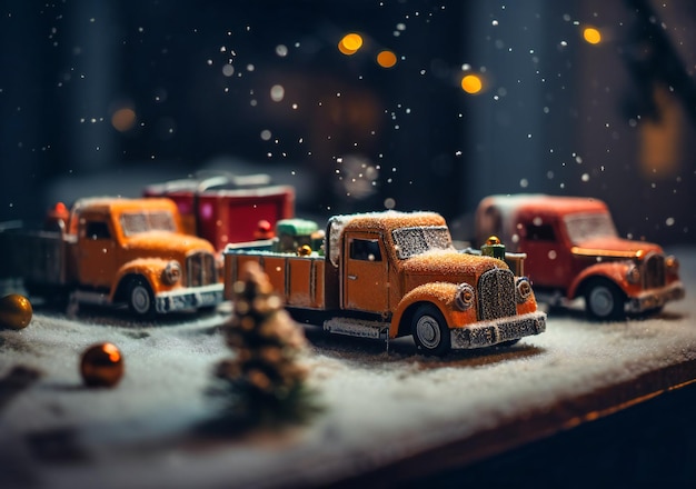 Camiones navideños y decoraciones en aguanieve y nieve.