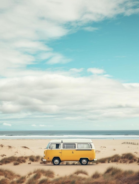 una camioneta amarilla y blanca está estacionada en una playa con un cielo azul y nubes.