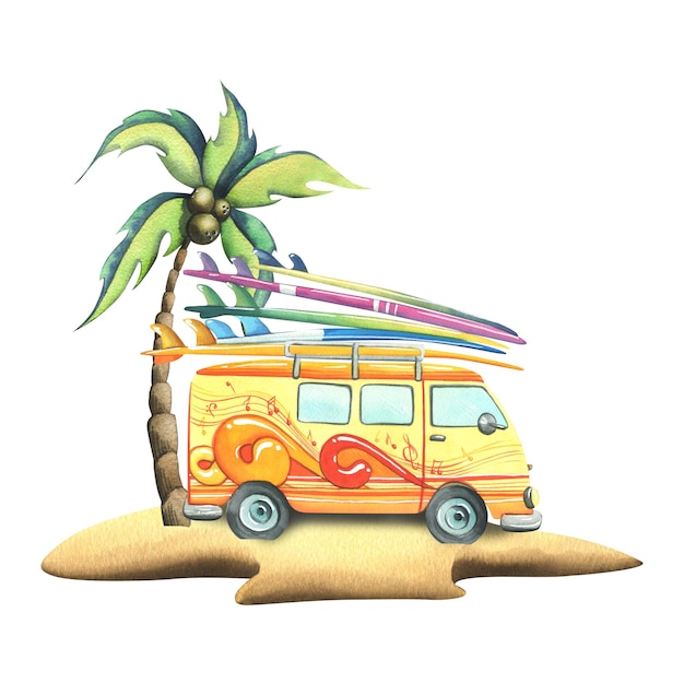 Una camioneta amarilla con tablas de surf en el techo caminando en una isla arenosa con una palma de coco en el fondo blanco Ilustración acuarela de la colección SURFING En estilo de dibujos animados