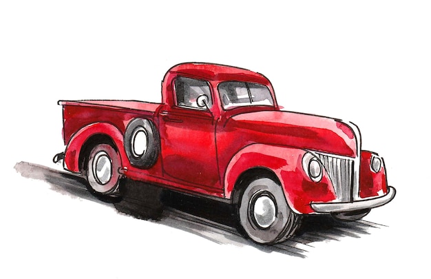 Camioneta americana antigua. Dibujo a tinta y acuarela