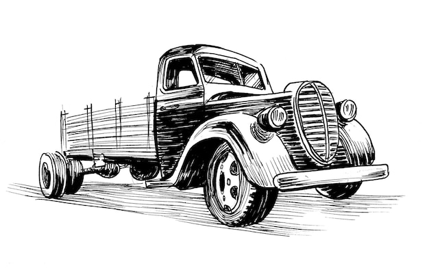 Camioneta americana antigua. Dibujo a tinta en blanco y negro