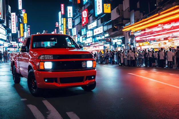 Camioneta en el arte generativo de la noche del tranvía de Japón de AI