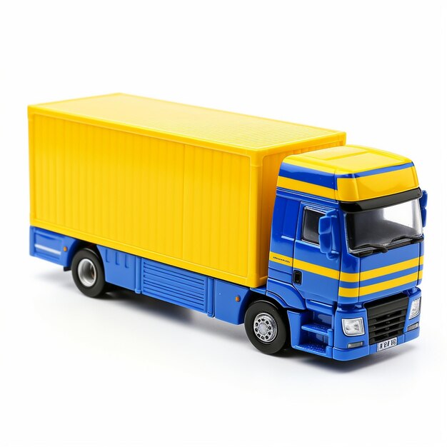 Camioneta azul con remolque amarillo sobre un fondo blanco