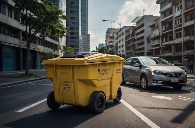 Camioneta de basura en una calle urbana húmeda