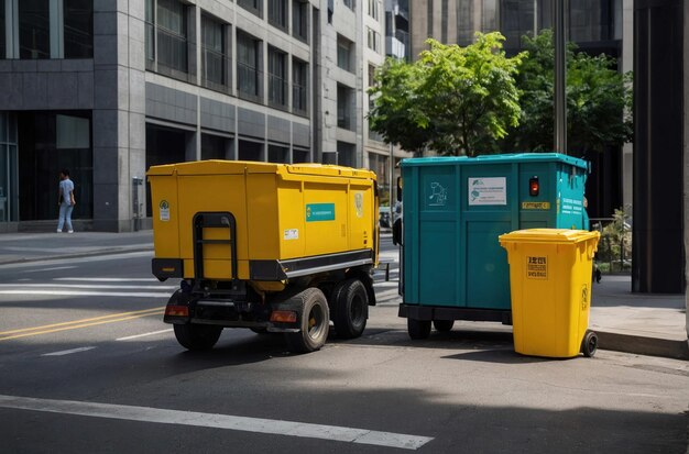 Camioneta de basura en una calle urbana húmeda