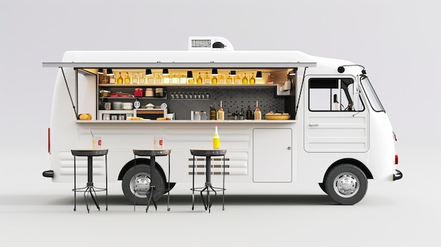 Camioneta de comida blanca con interior detallado Alimentos y bebidas para llevar Generativo Ai
