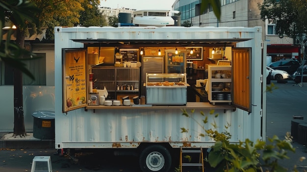 Camioneta de comida vintage con decoración rústica que sirve en un entorno urbano al aire libre al crepúsculo