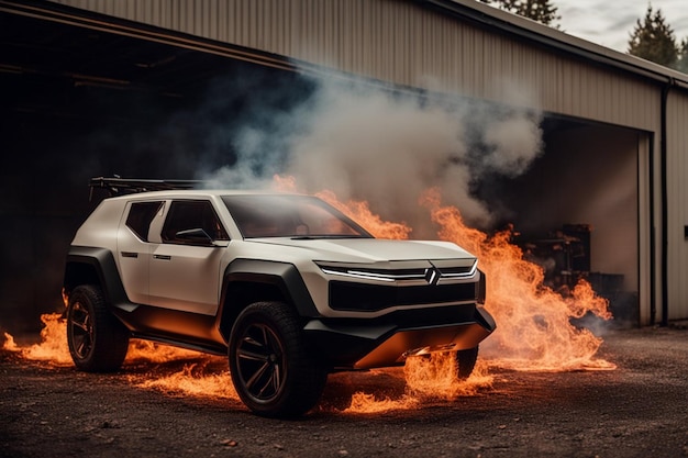 camioneta eléctrica ev suv cyber truck ardiendo en llamas mientras las baterías explotaban ilustración