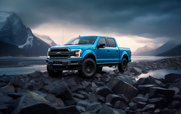 la camioneta Ford F 150 de 2019 está conduciendo sobre rocas en el estilo de negro y azul