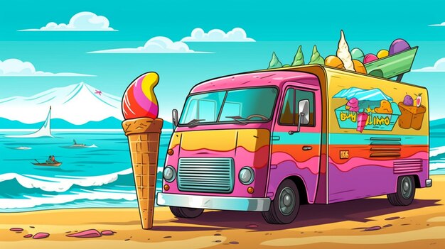 Camioneta de helados estacionada en la playa con cono en el techo Abundante helado en las ventanas traseras y cielo azul con nubes