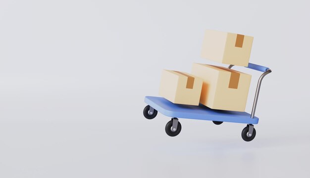 Camioneta de mano con cajas de cartón Concepto de servicio en línea de entrega logística de carga Trolley de transporte