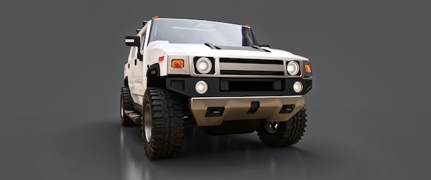 Camioneta pickup todoterreno blanca grande para campo o expediciones sobre fondo gris aislado. Ilustración 3D.