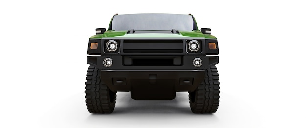 Camioneta pickup todoterreno verde grande para campo o expediciones sobre fondo blanco aislado. Ilustración 3D.