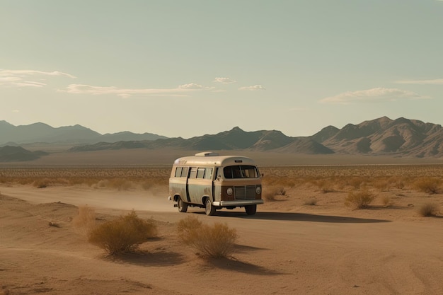 Camioneta rodeada por un interminable paisaje desértico con montañas en la distancia creada con ai generativo