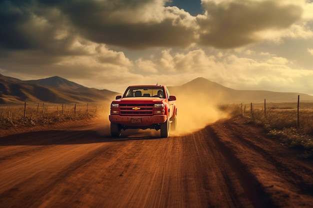 una camioneta roja conduciendo por un camino de tierra