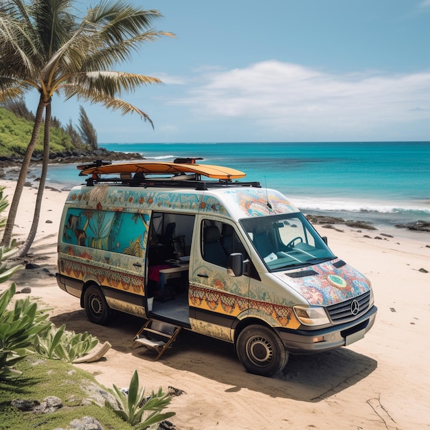 Foto camioneta velocista convertida estacionada en una playa apartada con vista al mar