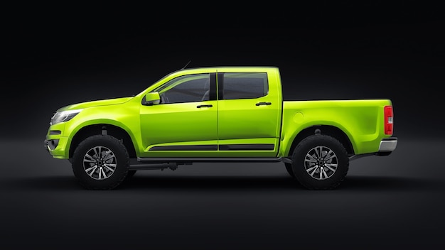 Camioneta verde sobre un fondo negro. representación 3d