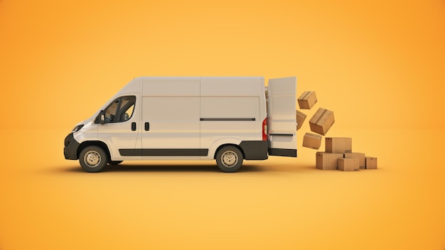 Foto camionetas de reparto comerciales con cajas de cartón representación 3d