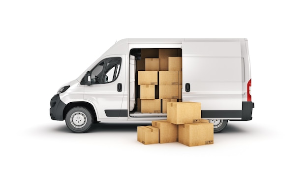 camionetas de reparto comerciales con cajas de cartón representación 3d