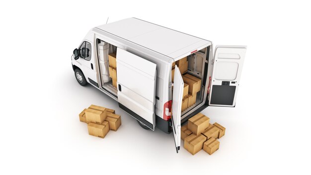 camionetas de reparto comerciales con cajas de cartón representación 3d