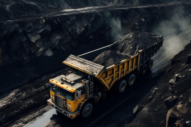 Foto camions amarelos para carvão antracita no fundo da mineração de carvão