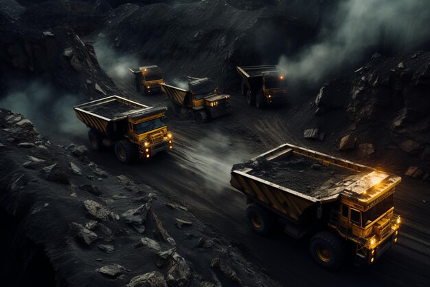 Camions amarelos para carvão antracita no fundo da mineração de carvão
