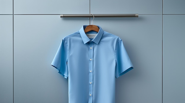 Camisa azul pendurada em cabide na renderização em 3D da parede azul