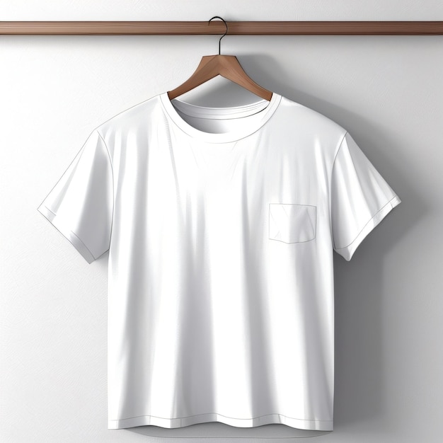 Una camisa blanca cuelga de una pared con una percha marrón.