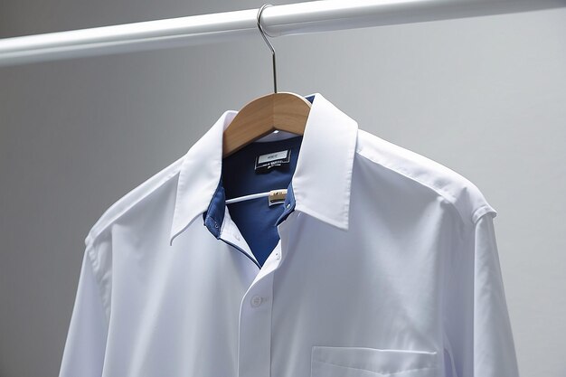 Una camisa blanca con un cuello azul cuelga de una percha en una habitación