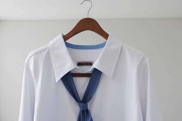 Una camisa blanca con un cuello azul cuelga de una percha en una habitación