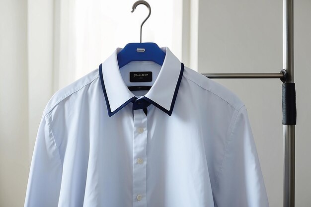 Una camisa blanca con un cuello azul cuelga de una percha en una habitación